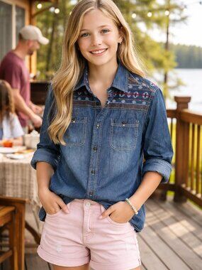 Girls Denim Western Shirt | Aztec Yoke | Summer Cabin Casual Top